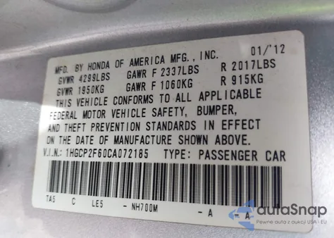 2012 Honda Accord 2.4 Se z USA, uszkodzony, nr VIN 1HGCP2F60CA072185